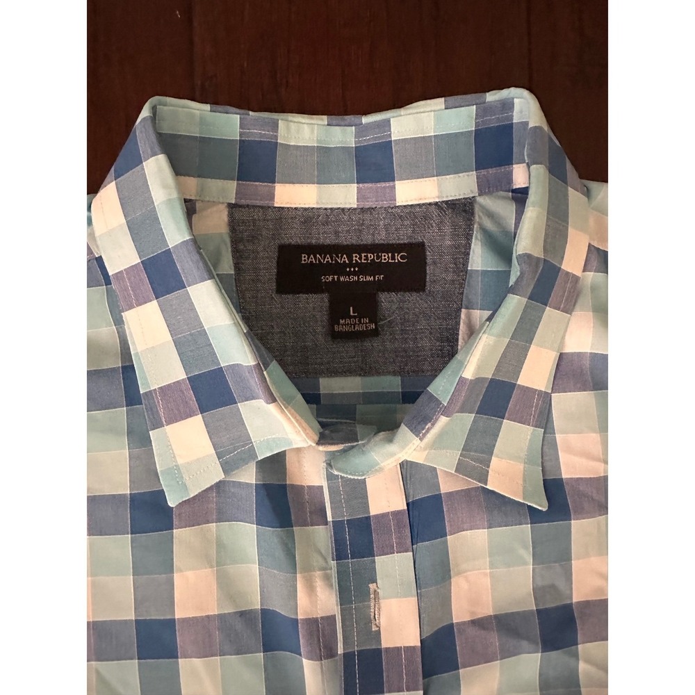 Banana Republic Soft Wash Slim Fit Shirt Mens L Blue Gingham Check Button Down